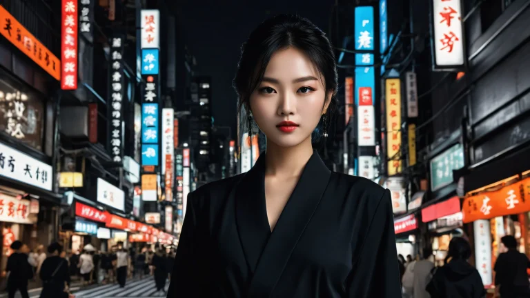 A stunning dark mode desktop scene featuring a woman amidst a vast pure void, perfect for your Desktop/PC