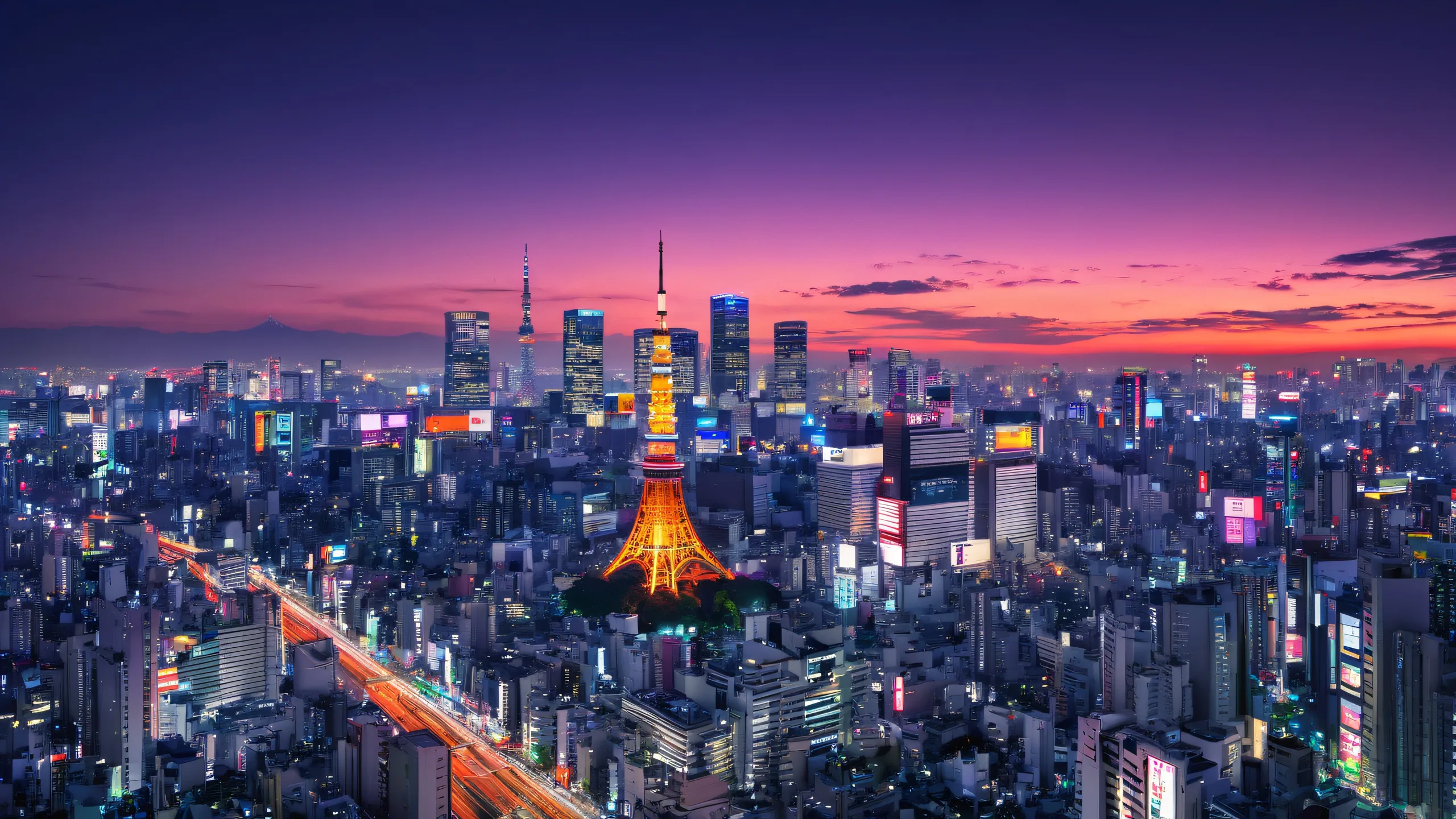 Desktop/PC background featuring Tokyo cityscape at sunset with glowing lights and ethereal lighting.