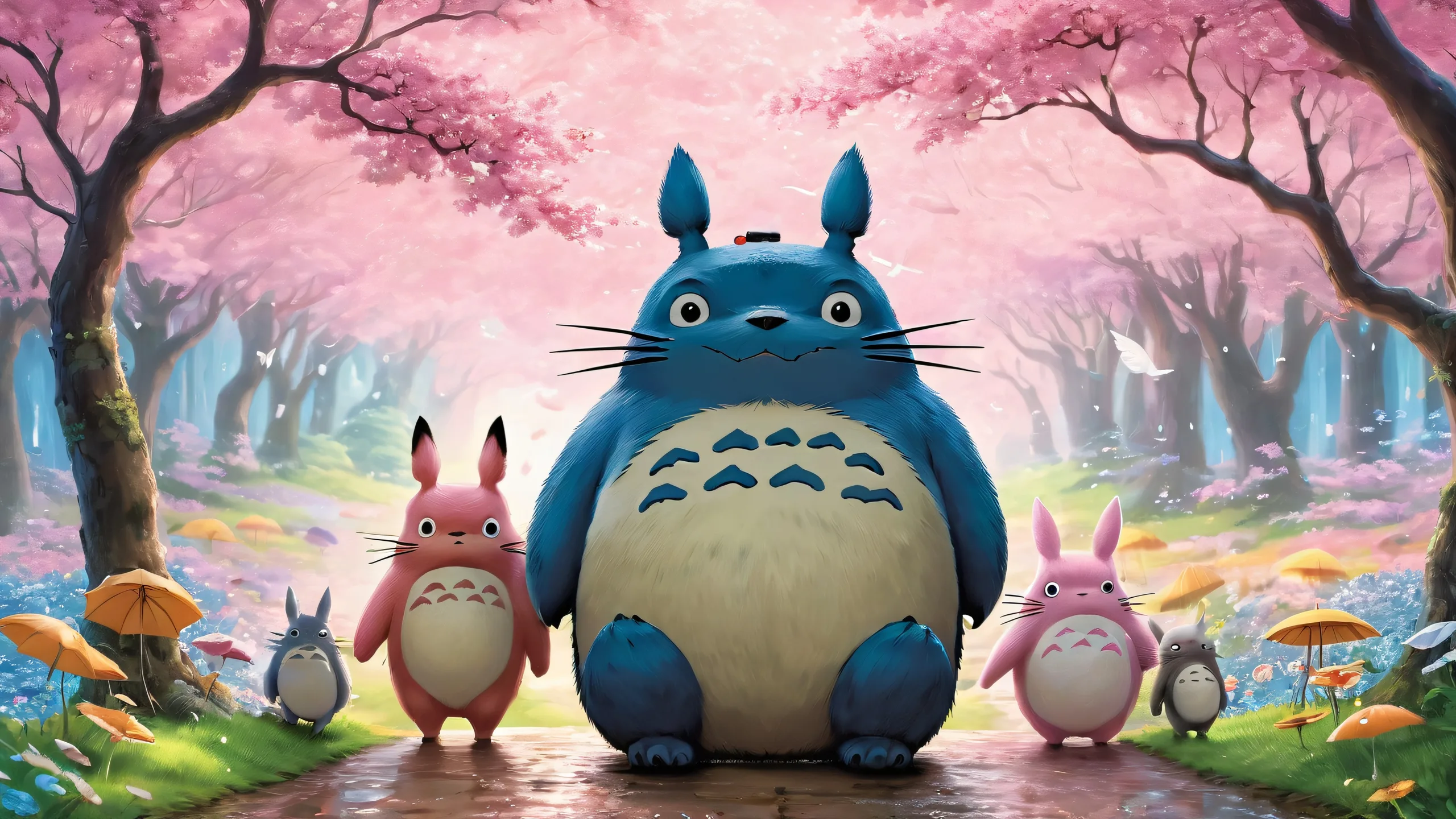 Totoro and friends on a pristine desktop background with rain and misty atmosphere, suitable for Desktop/PC