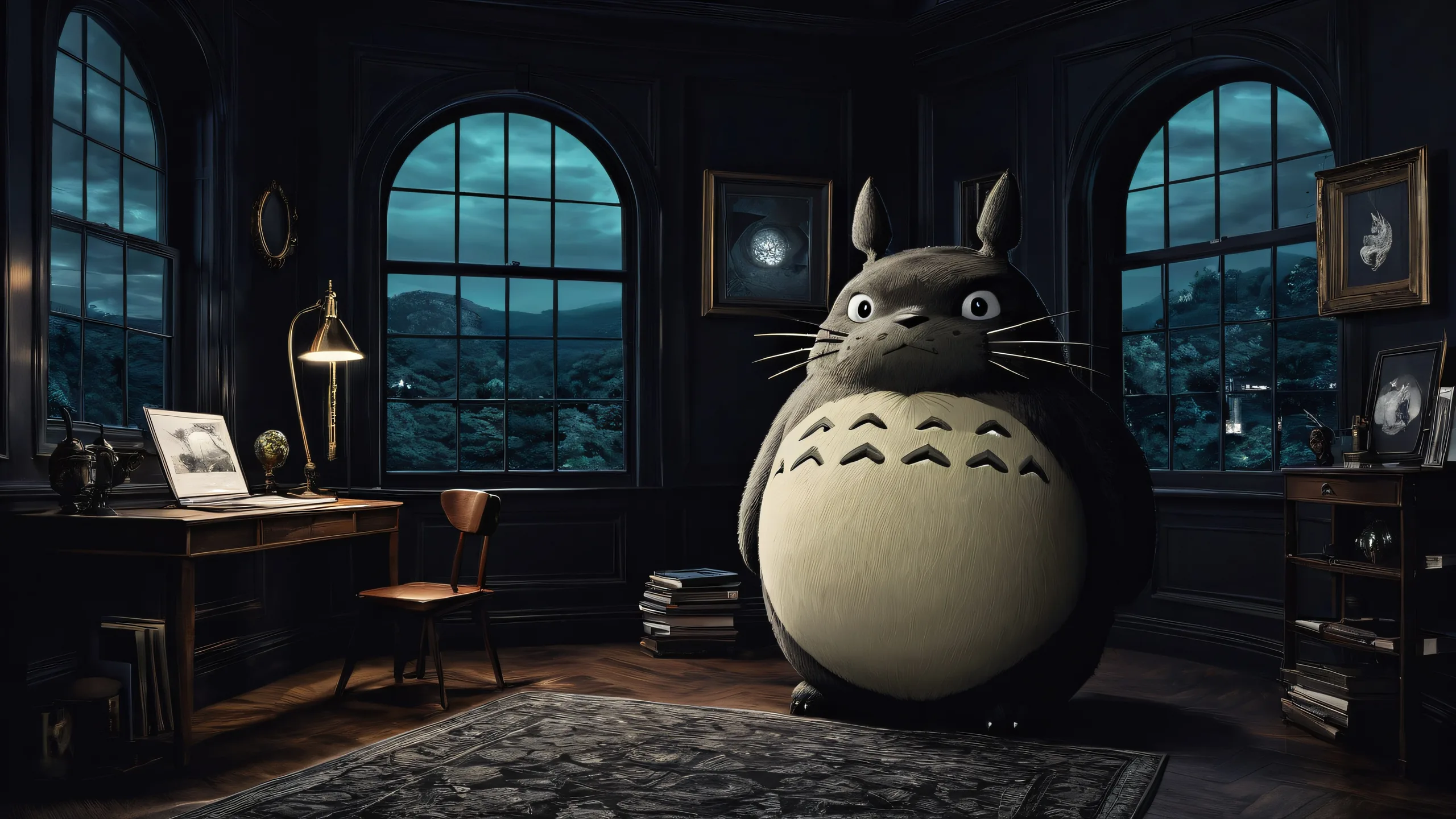 A stunning desktop wallpaper of Totoro in a dark and surreal night room with deep blacks, crisp contrast, and luminescent accents on a Desktop/PC.