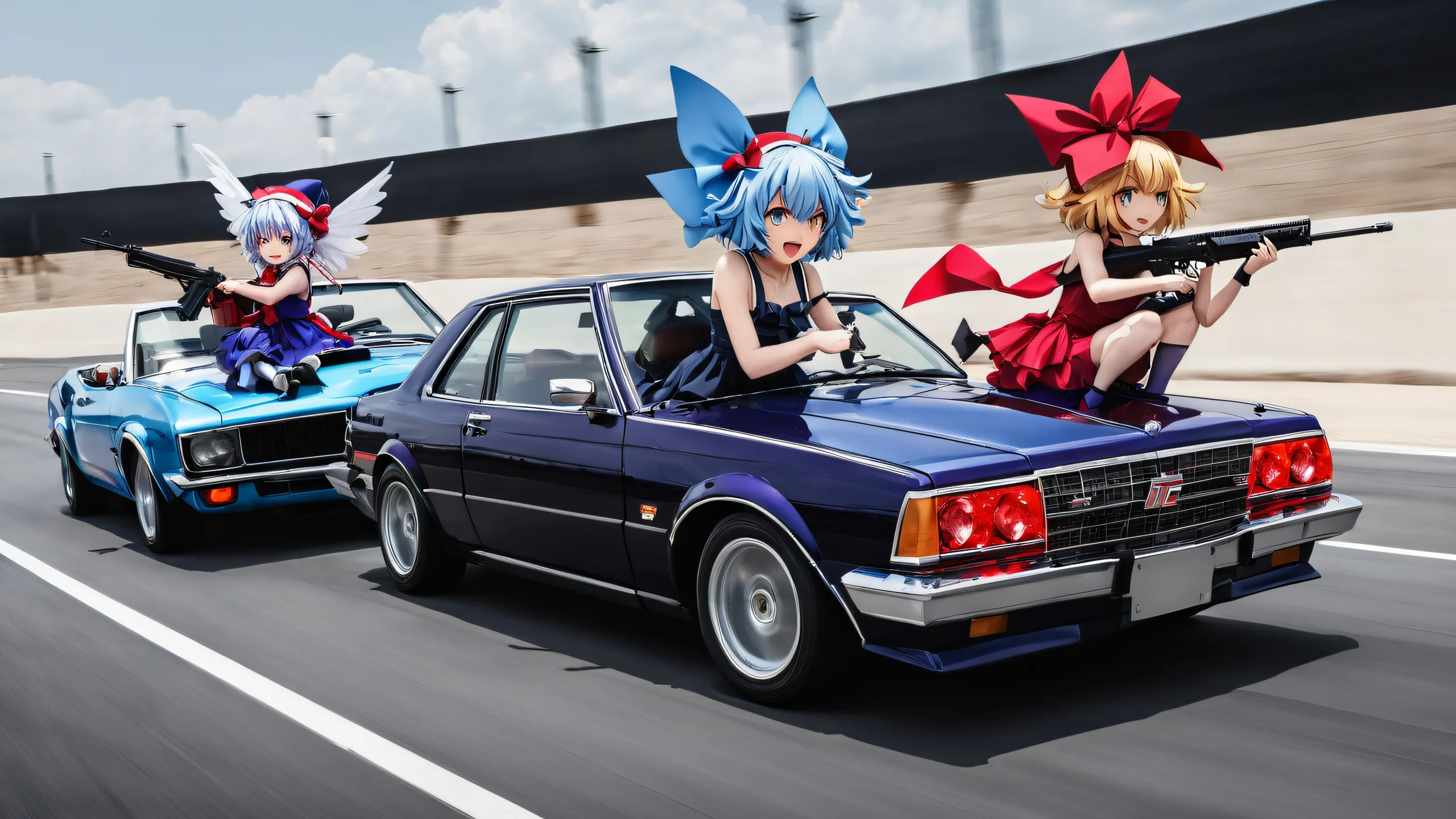 Cirno, Flandre Scarlet, and Remilia Scarlet in a high-octane driving scene on a desktop/pc