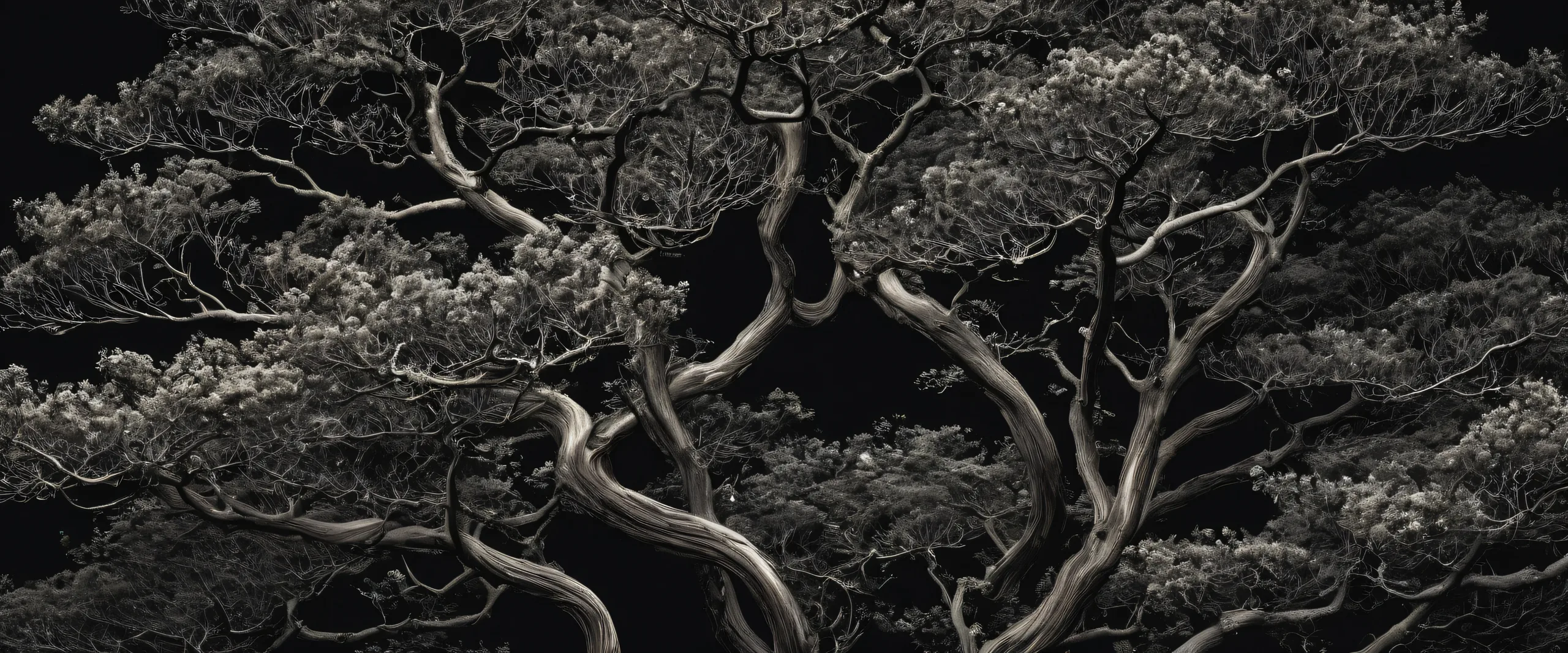 A serene desktop scene featuring majestic trees against a deep, dark background on a Desktop/PC.