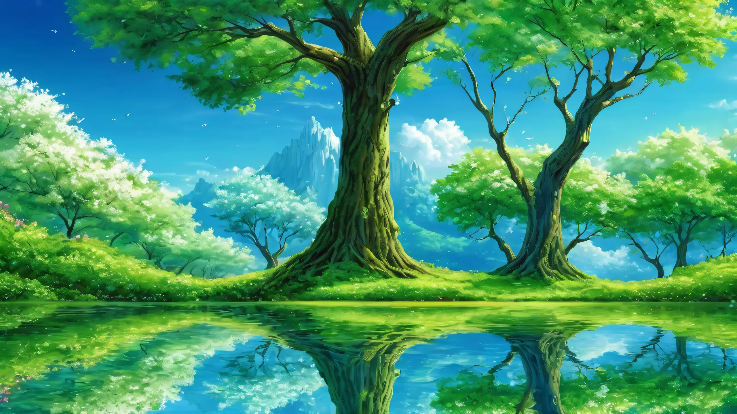 A stunning desktop wallpaper of trees and flowers in a pure void with extreme depth of field and reflection, perfect for any Desktop/PC.