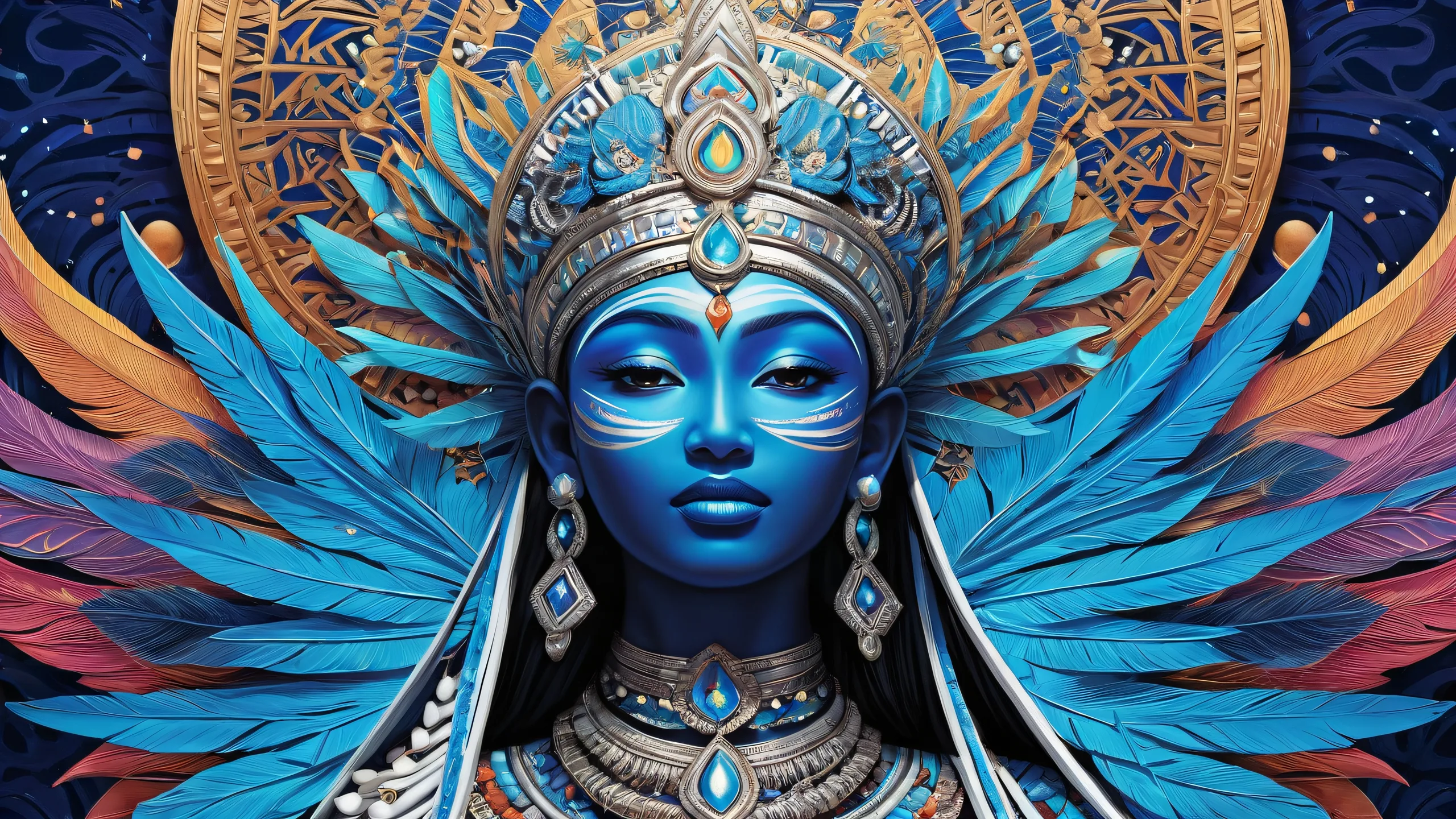 Ethereal desktop wallpaper featuring a tribal goddess surrounded by a vast, pure void, with subtle celestial bodies in the distance, perfect for Desktop/PC.