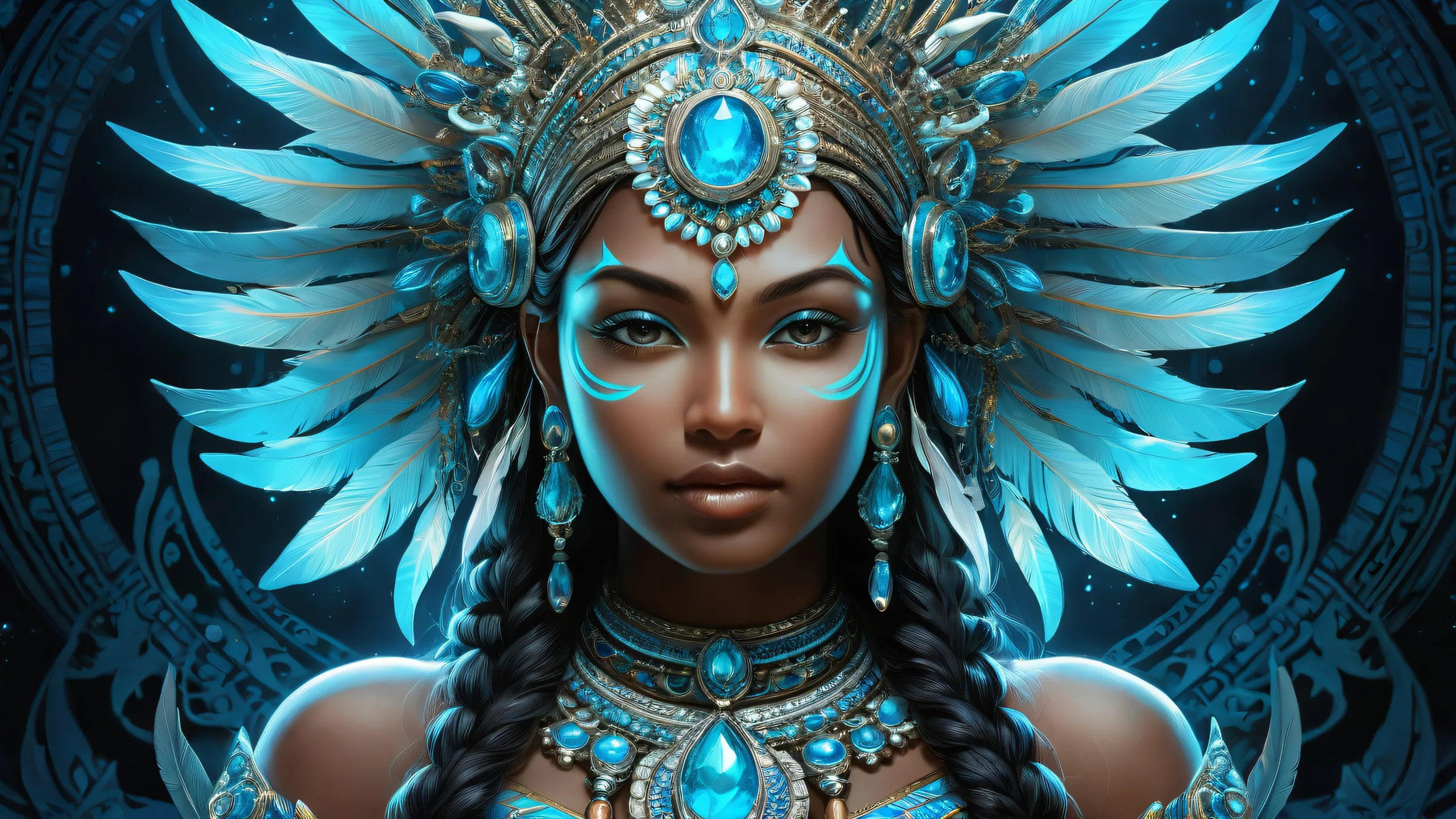 Tribal goddess figure standing in a vast, pure void with bioluminescent accents on Desktop/PC