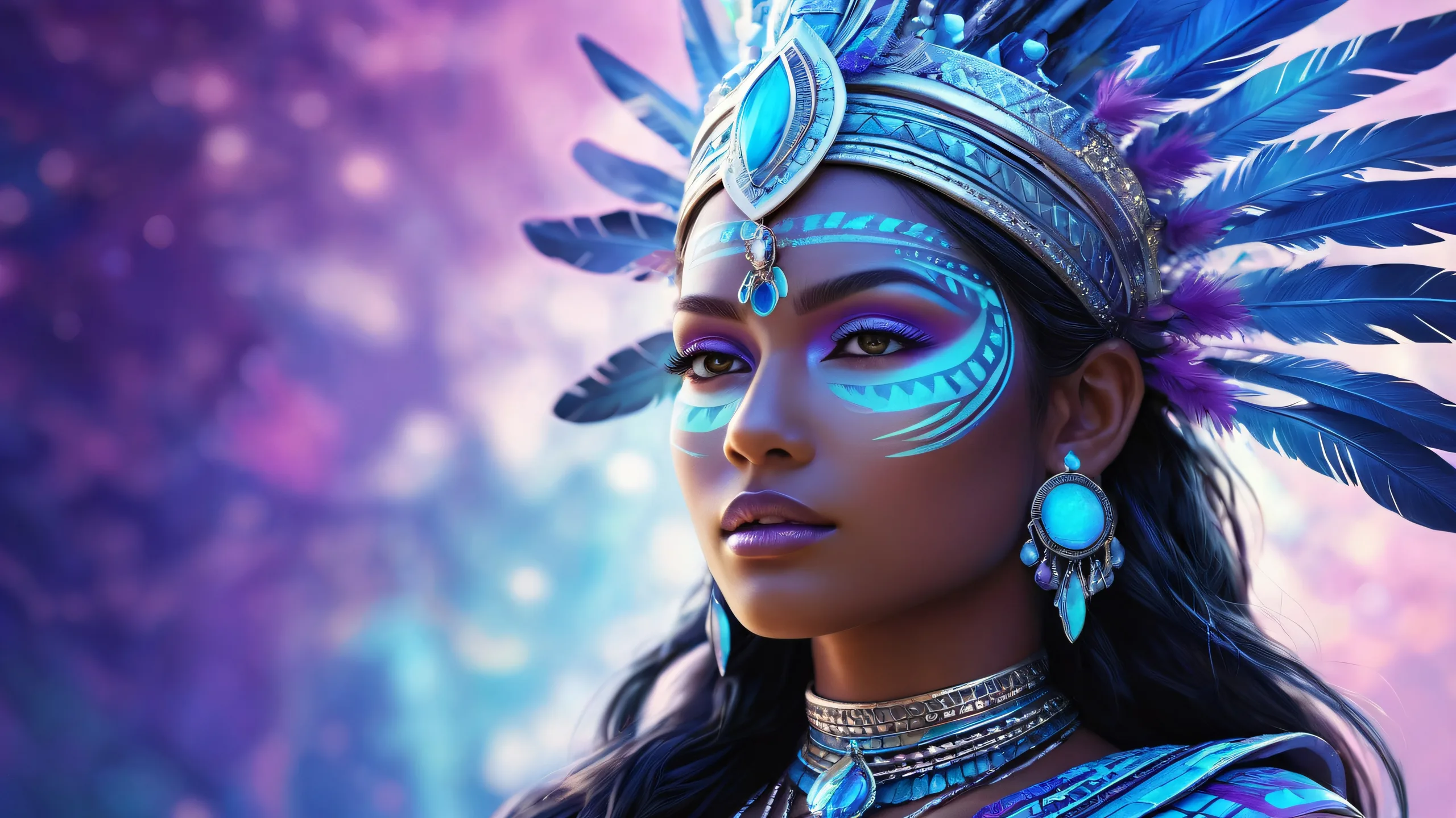 Tribal goddess surrounded by a vast pure void with bioluminescent elements on a desktop/pc background.