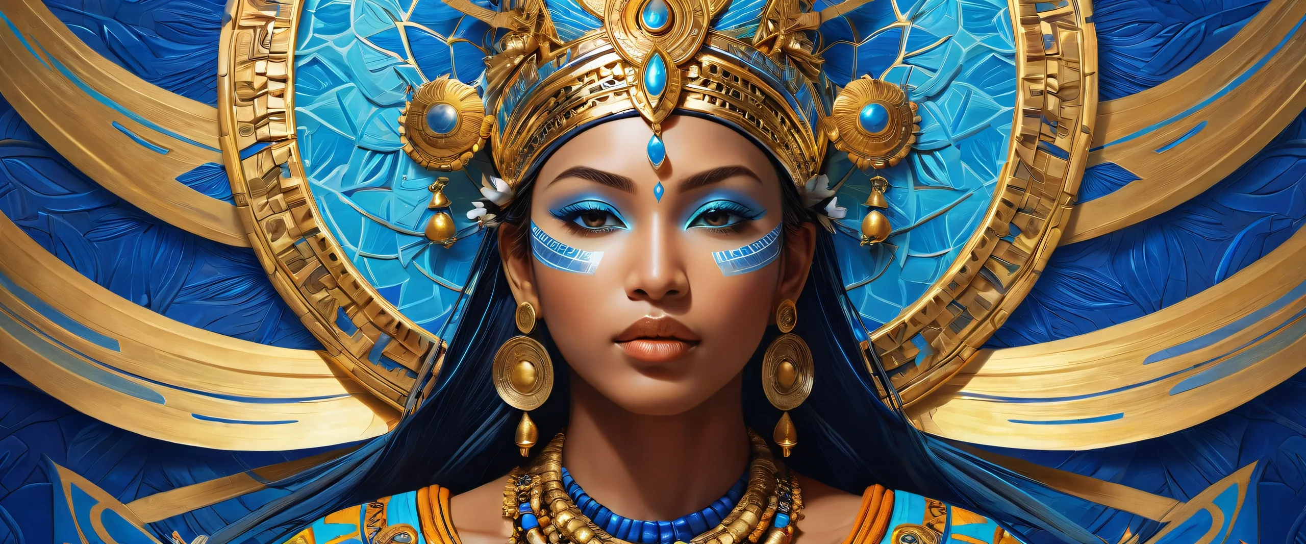 A breathtaking desktop wallpaper of a tribal goddess against a perfectly clean vast pure void with extreme depth of field, suitable for Desktop/PC