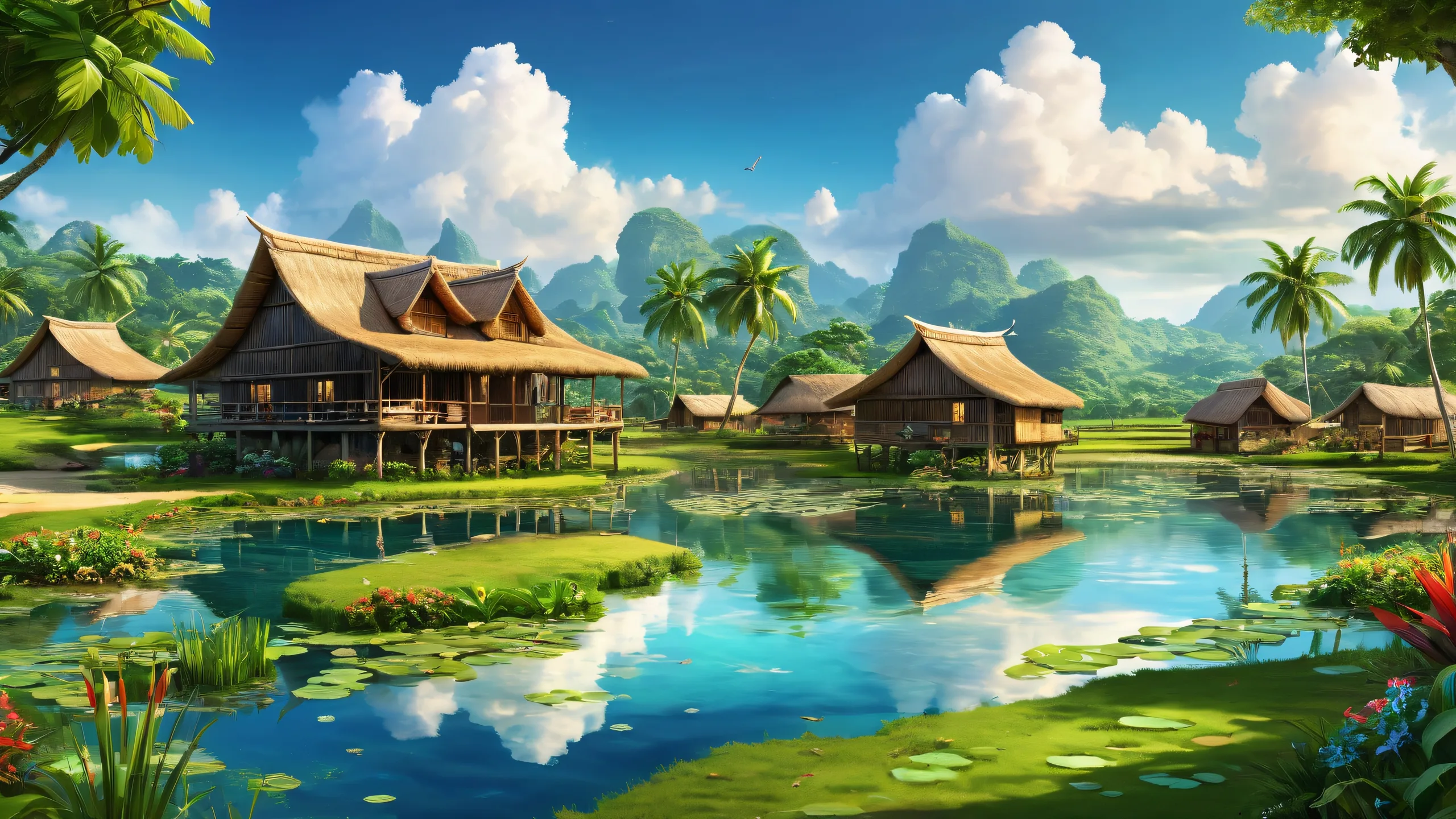 A serene tropical farm on stilts over linked ponds, perfect for your Desktop/PC.