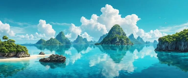 A beautiful desktop wallpaper of an archipelago on a pristine void background, suitable for PC and Desktop use.