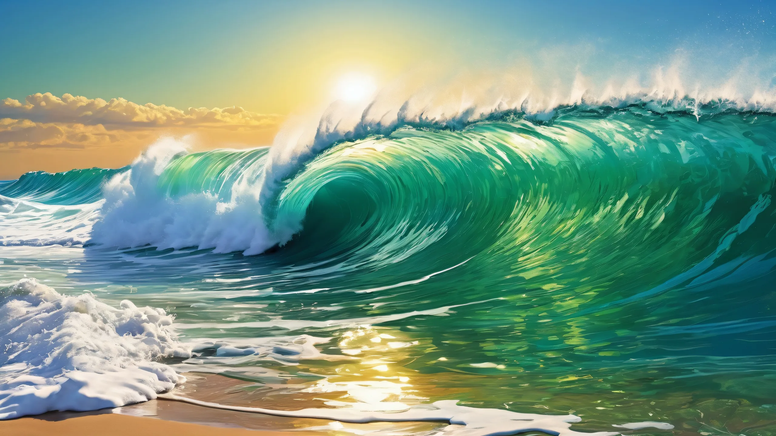 Breathtaking desktop wallpaper featuring a serene ocean scene with vibrant green foliage and radiant lighting, suitable for PC or Desktop.