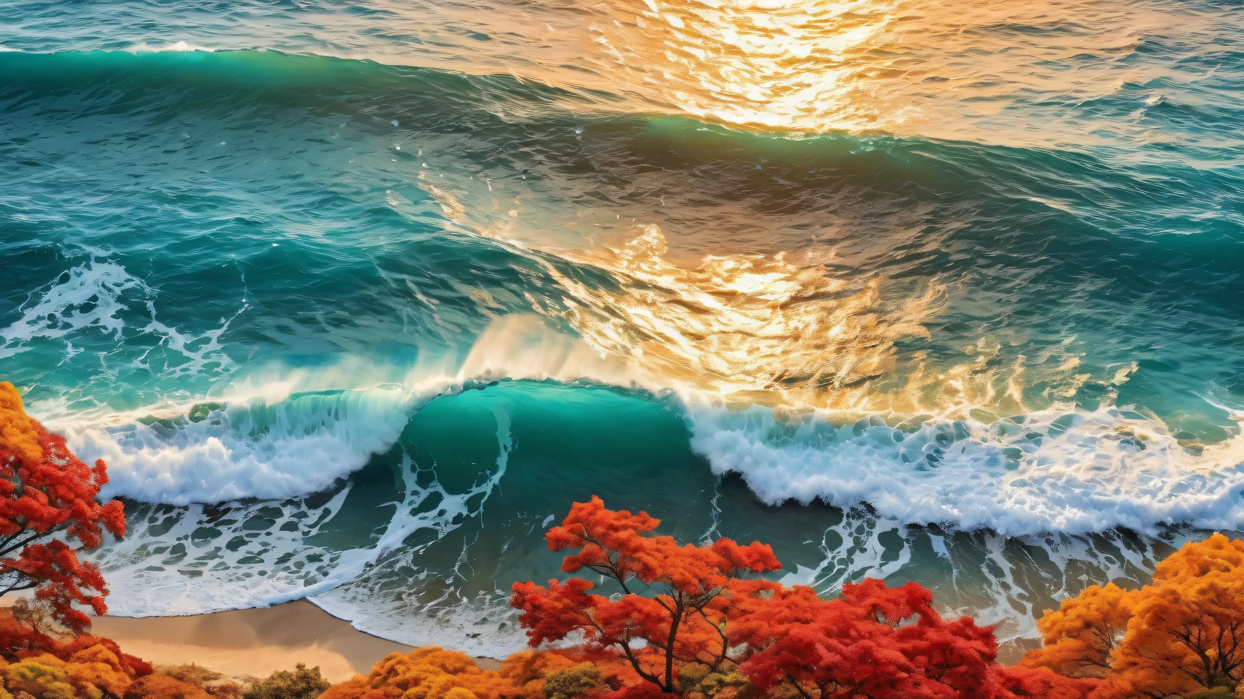 A stunning desktop wallpaper featuring a turquoise ocean scene with golden autumn foliage and radiant lighting, suitable for Desktop/PC.