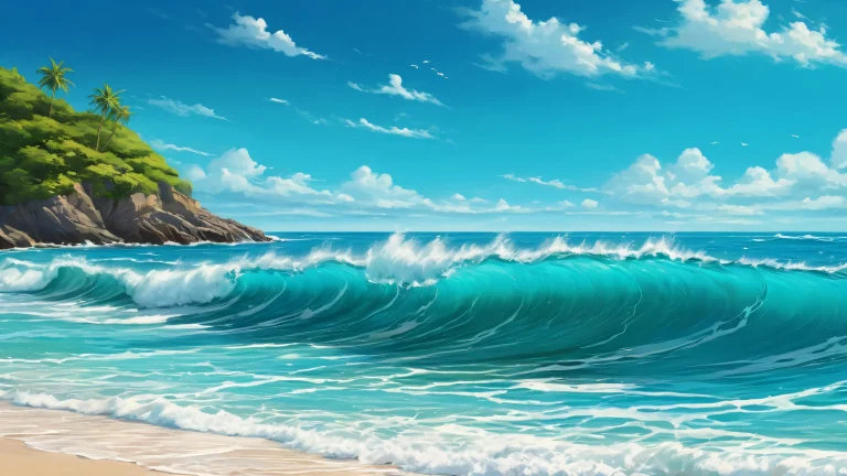 A majestic Turquoise Ocean Waves desktop wallpaper set against a pristine void with fresh blooming nature and vibrant green foliage, suitable for Desktop/PC screens.