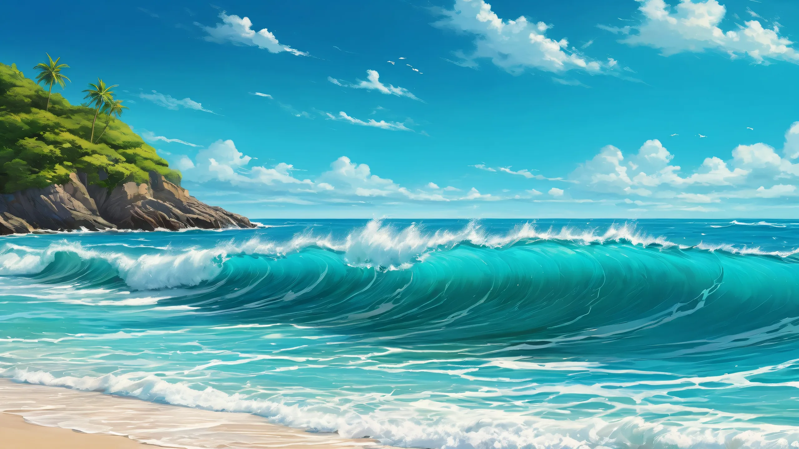 A majestic Turquoise Ocean Waves desktop wallpaper set against a pristine void with fresh blooming nature and vibrant green foliage, suitable for Desktop/PC screens.