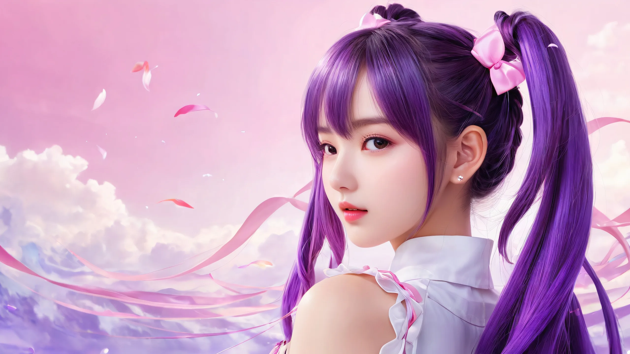 Desktop/PC wallpaper featuring twintails in a vast pure void with ethereal lighting and pristine clarity.