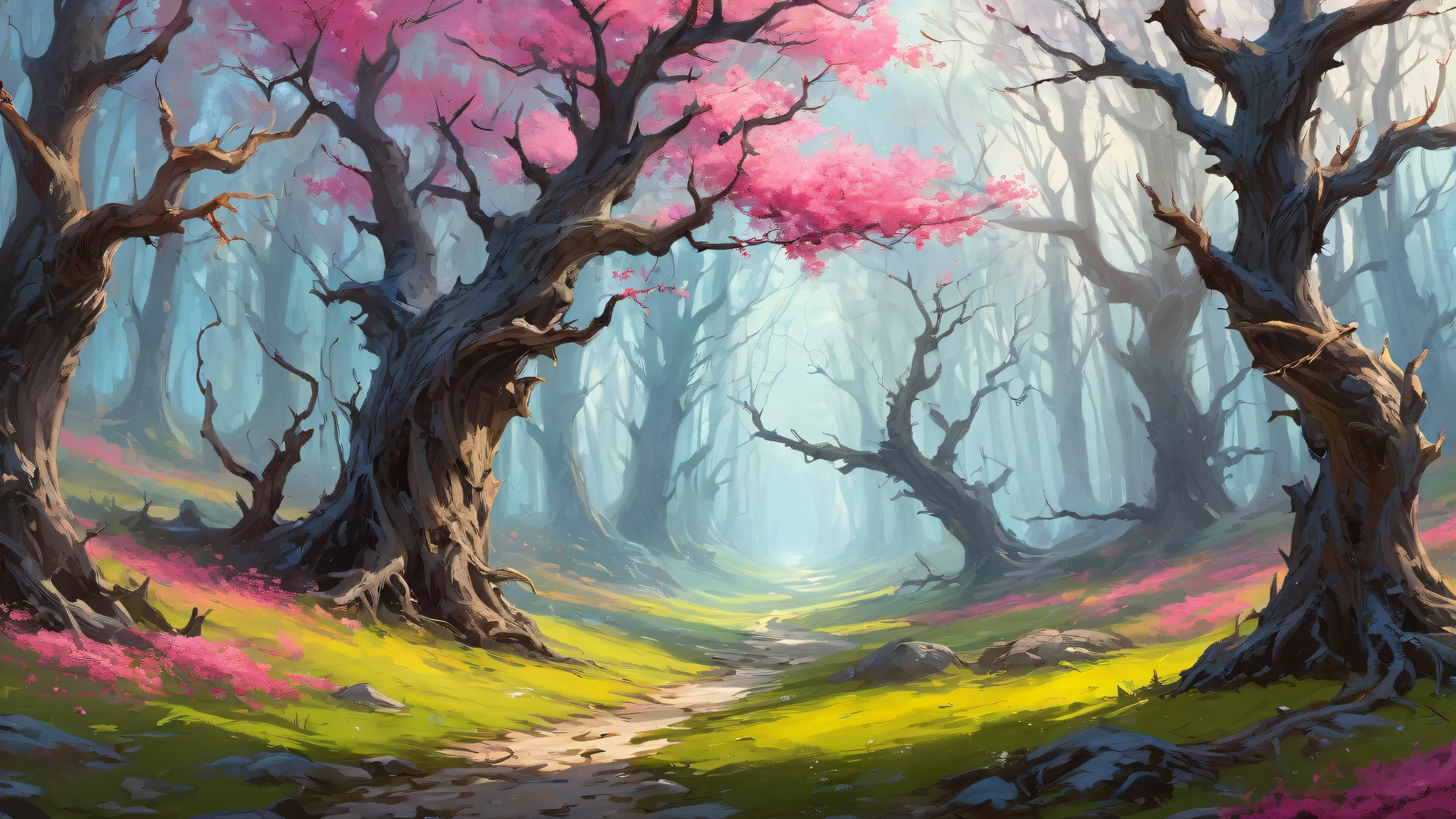 A serene Gothic forest scene with dead trees and blooming nature on a pure void background for desktop/pc use.