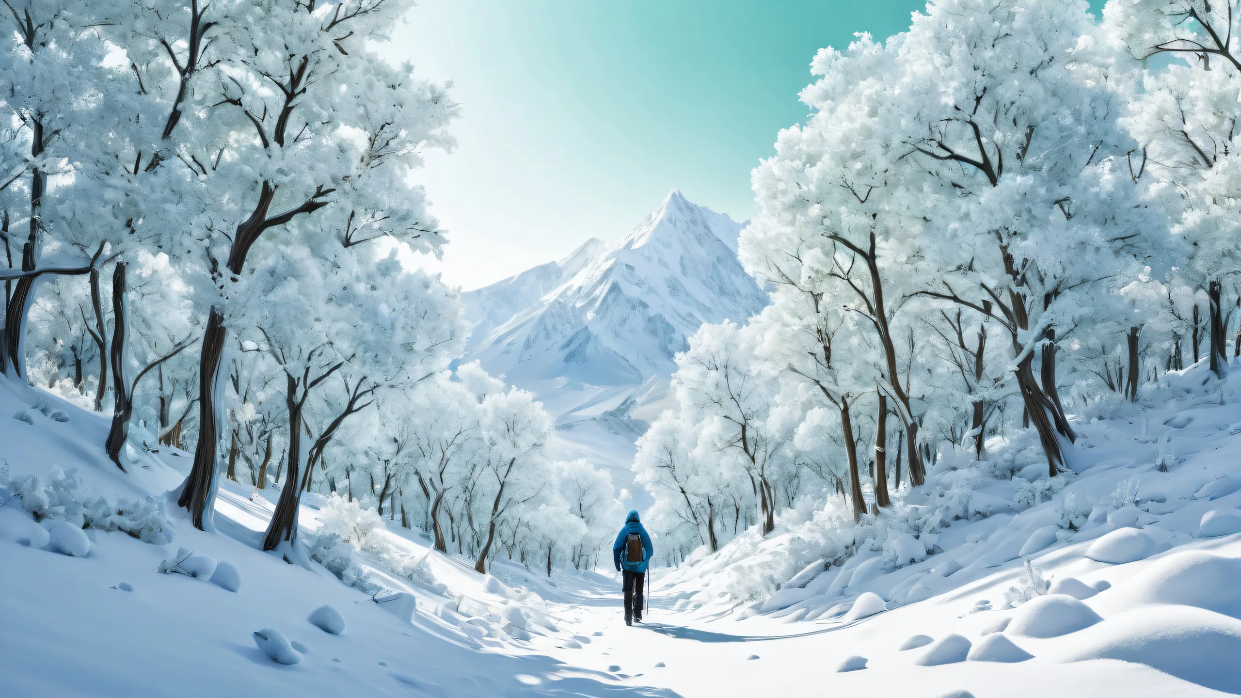 Two men standing in a vast, pure void with snow-covered trees in the background, perfect for desktop/PC use.