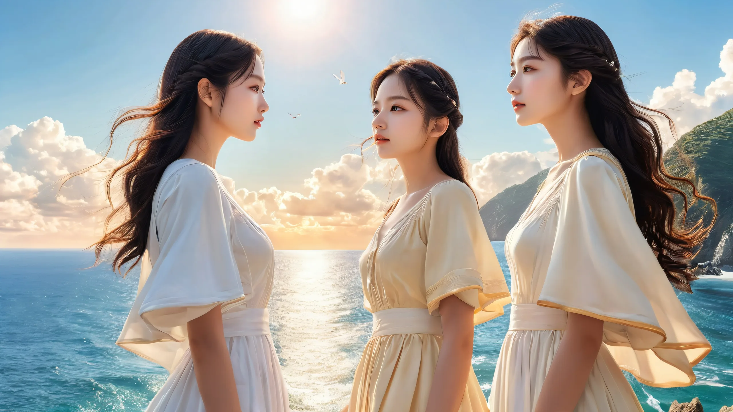 Ultra HD Ethereal Coastline Encounter Wallpaper Two women surrounded by the pristine coastal void on a desktop or PC, with extreme depth of field and ethereal lighting.