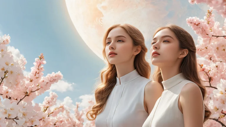 Two women in a vast, pure void on a desktop/PC, for a serene and awe-inspiring experience.