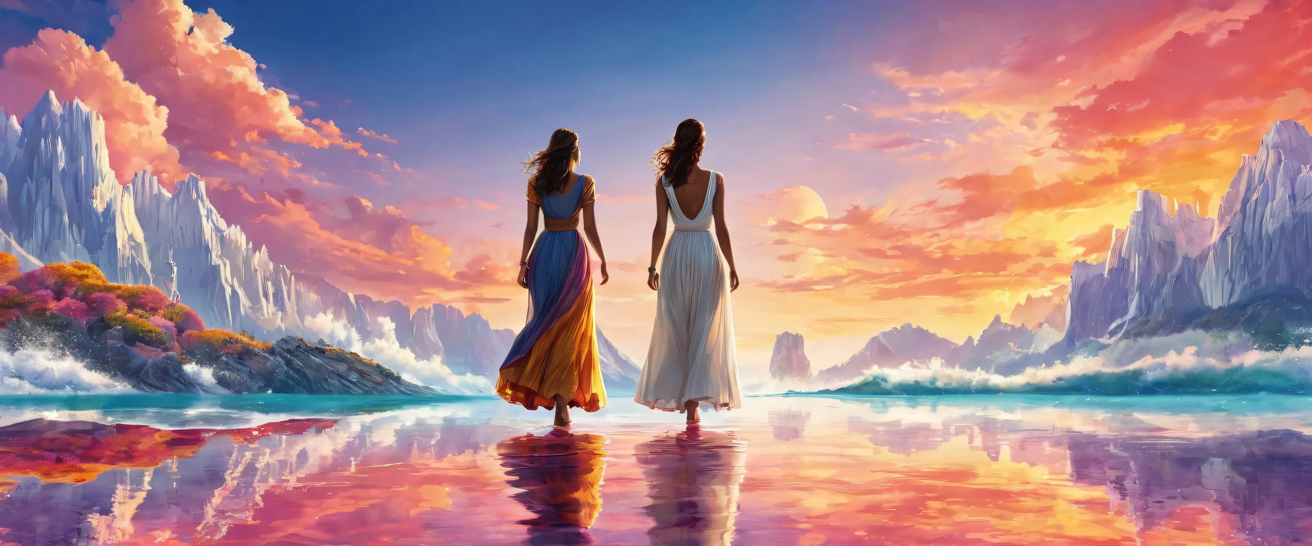 Epic Ethereal Encounter Desktop Wallpaper Two women standing in a vast, pure void with extreme depth of field on a desktop/pc.