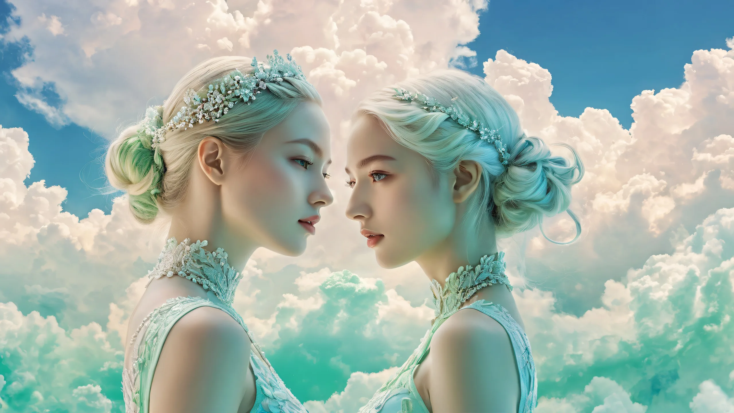Two women surrounded by a vast pure void with majestic clouds in the background, perfect for desktop/PC use.