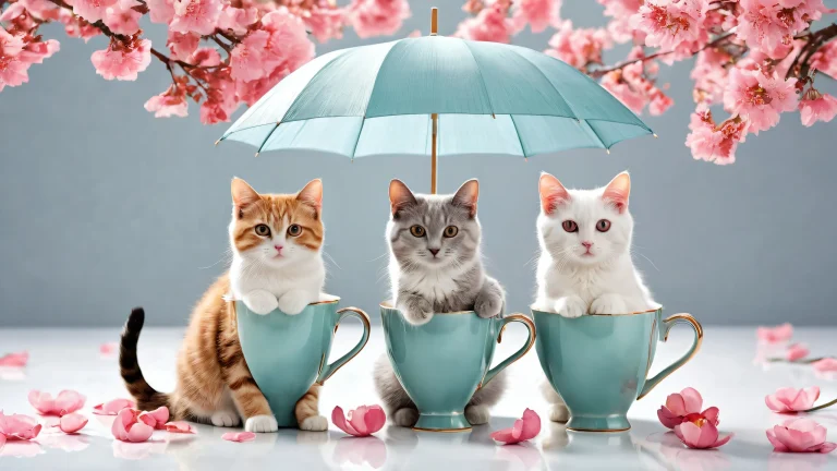 Three cats with umbrellas and a floral mug on a pristine void Desktop/PC background.
