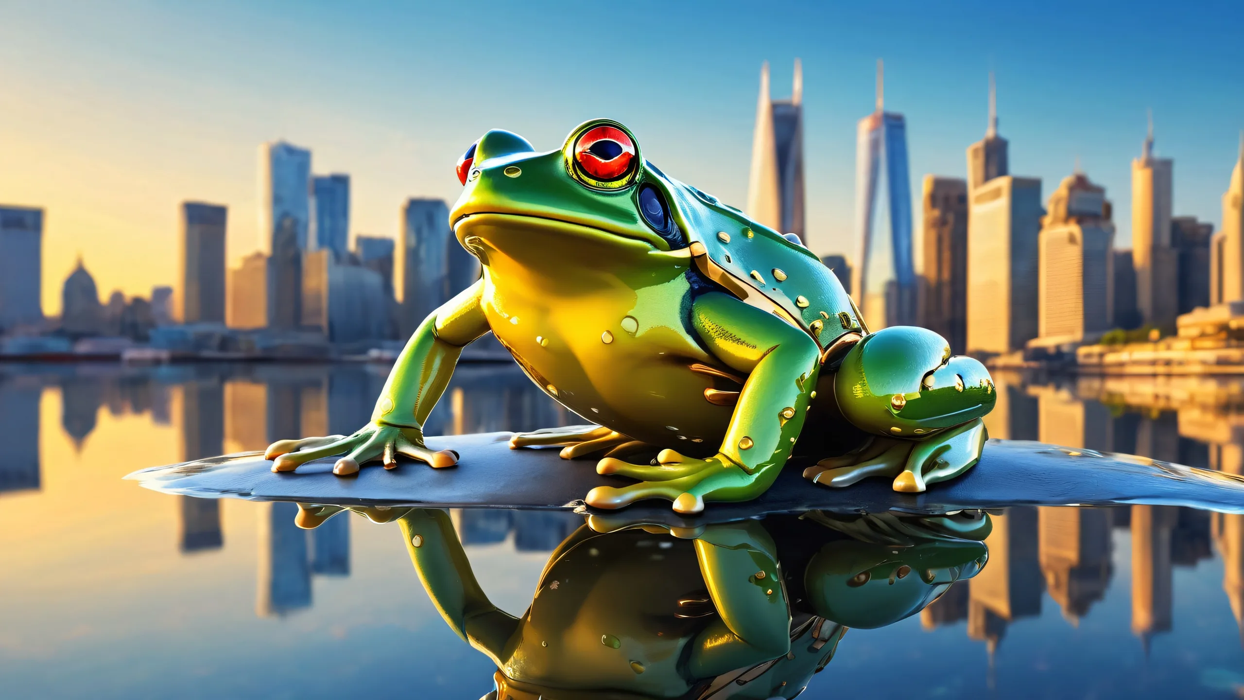Mechanical Frog's cityscape oasis on a pristine void desktop for PC and Desktop/PC, featuring vibrant yellow and black colors