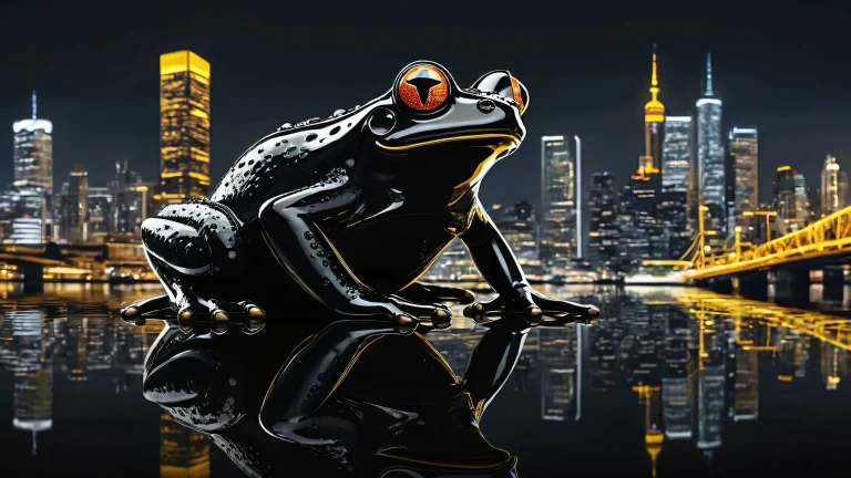 Award-winning digital art of a mechanical frog on a vast pure void desktop with an urban city skyline backdrop and water's edge reflections suitable for PC or Desktop use.