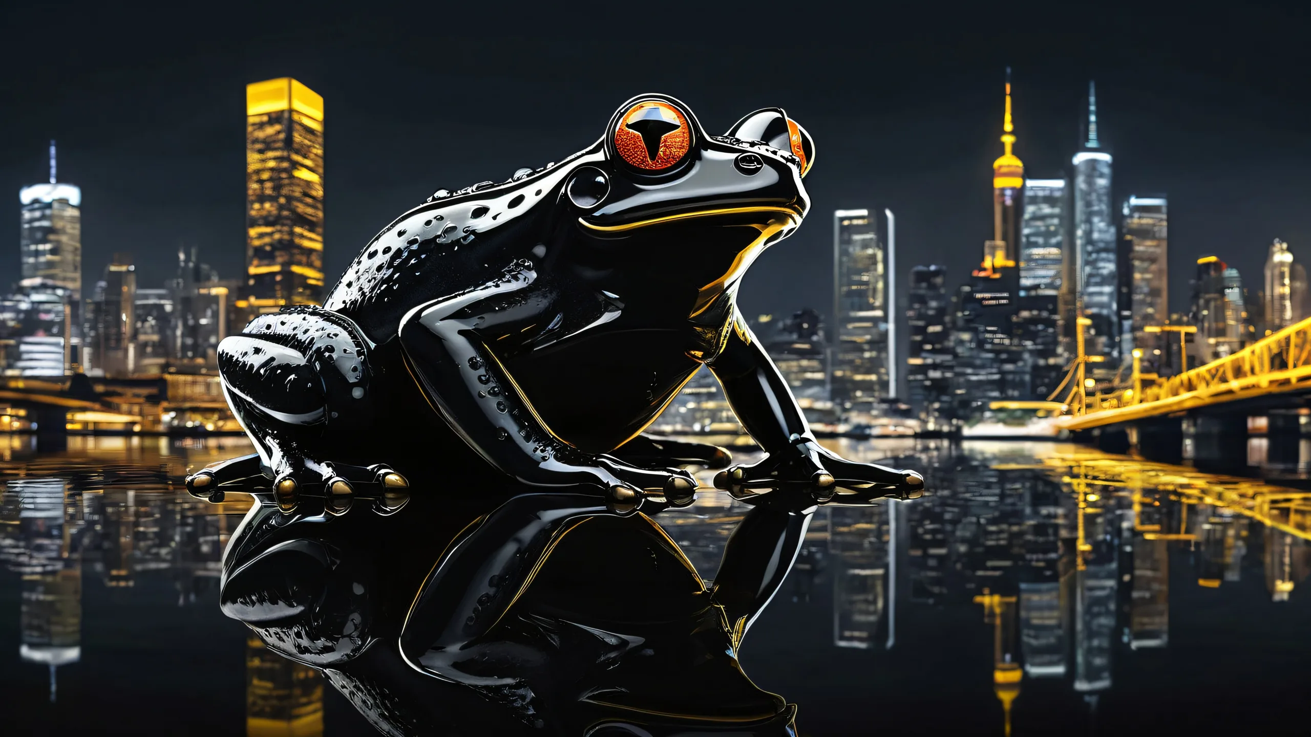 Award-winning digital art of a mechanical frog on a vast pure void desktop with an urban city skyline backdrop and water's edge reflections suitable for PC or Desktop use.