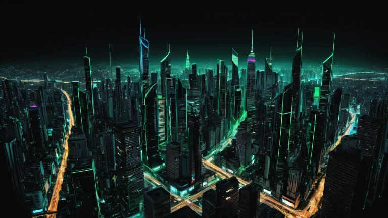 A futuristic urban landscape on a desktop or PC screen, featuring a cityscape with deep blacks and crisp contrast.