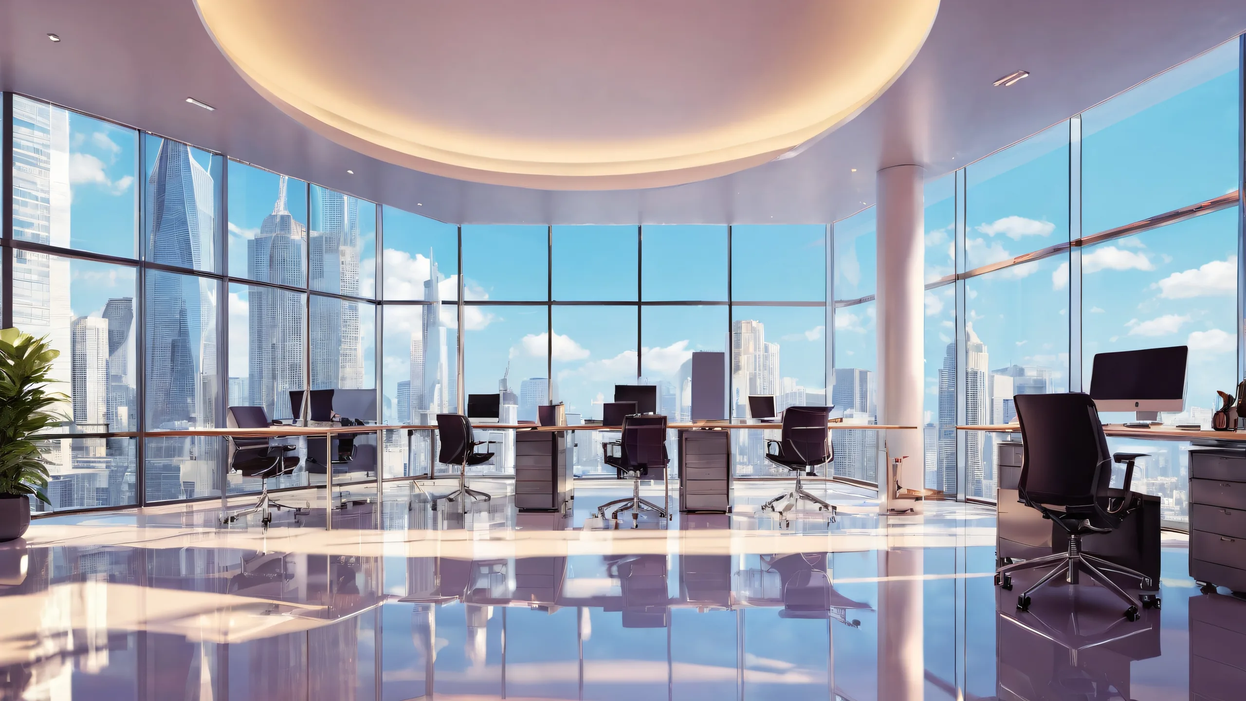 Desktop/PC background featuring an office building and strip club in the background, with ethereal lighting and pristine clarity.