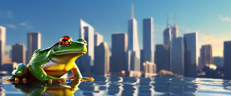 A futuristic cityscape with a serene water's edge on a desktop or PC.