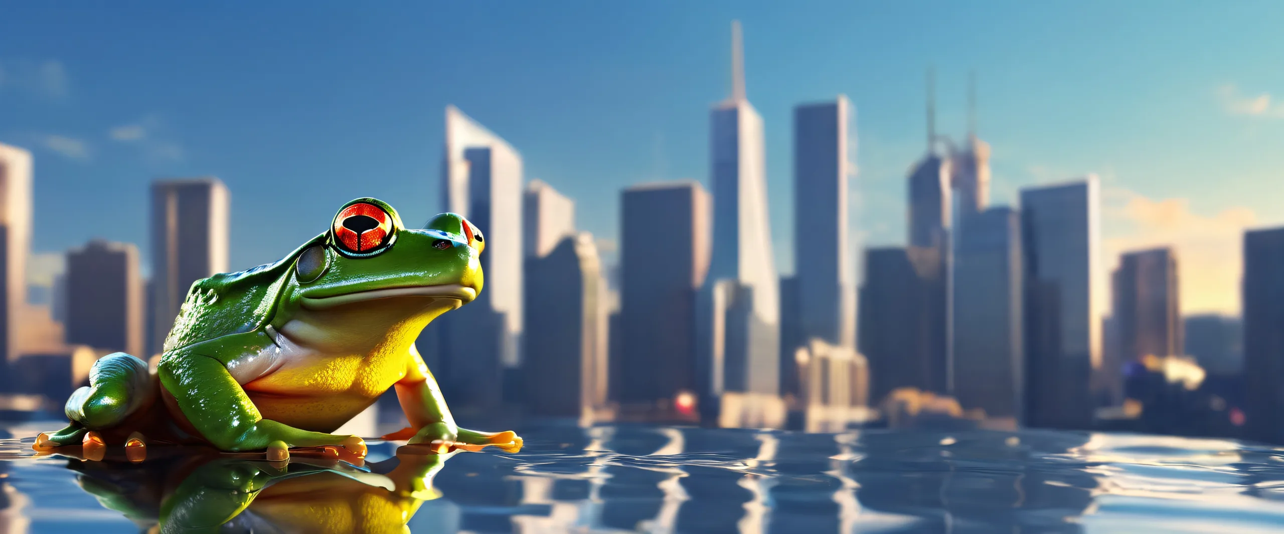 A futuristic cityscape with a serene water's edge on a desktop or PC.