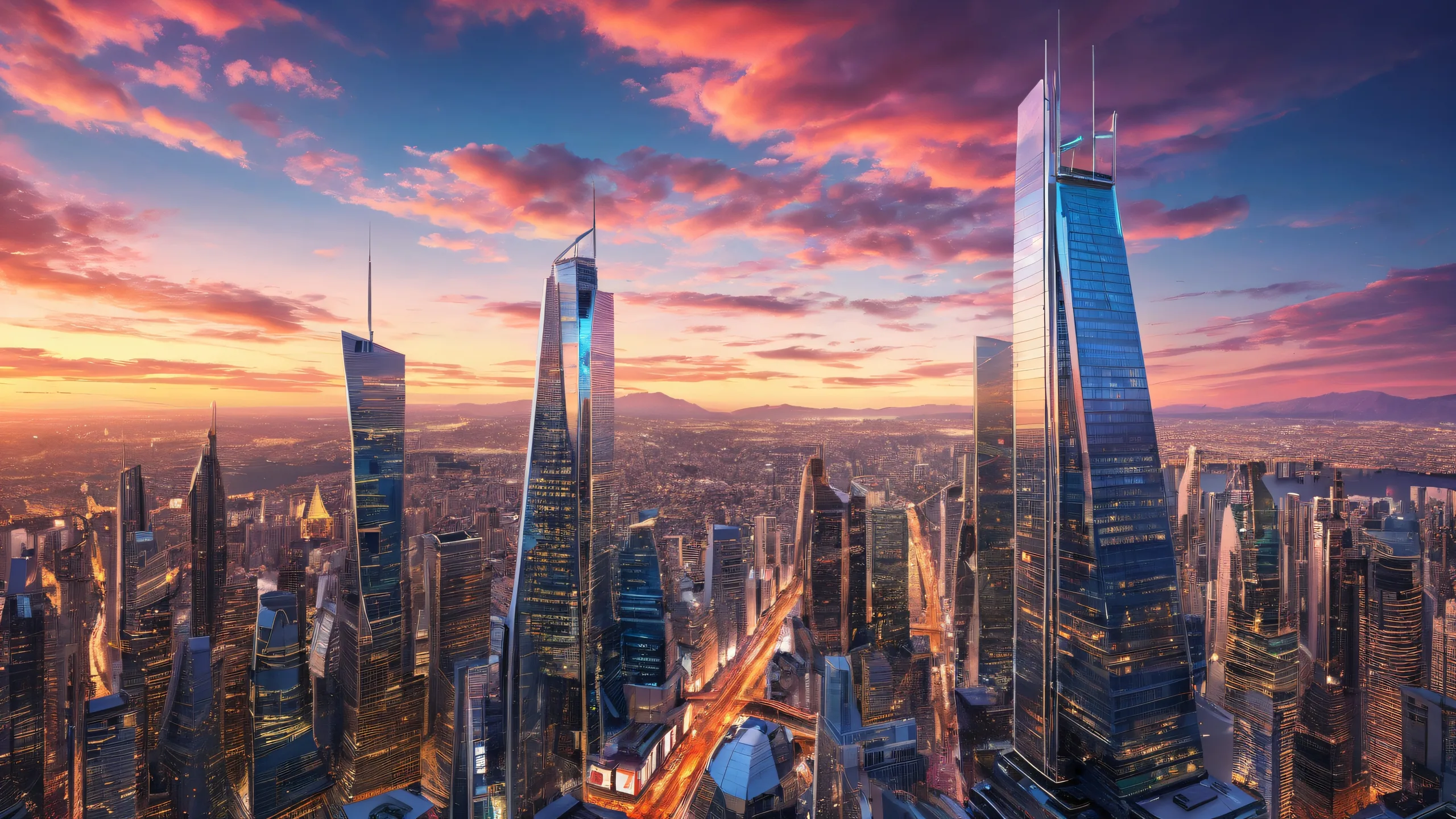 A serene desktop wallpaper of a skyscraper at dusk, perfect for a Desktop/PC.