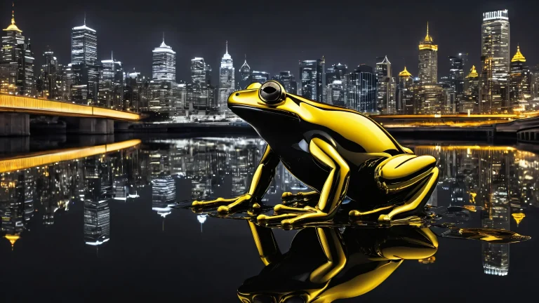 Mechanical Frog amidst urban landscape on a dark desktop/pc, reflecting city skyline and water with striking contrast.