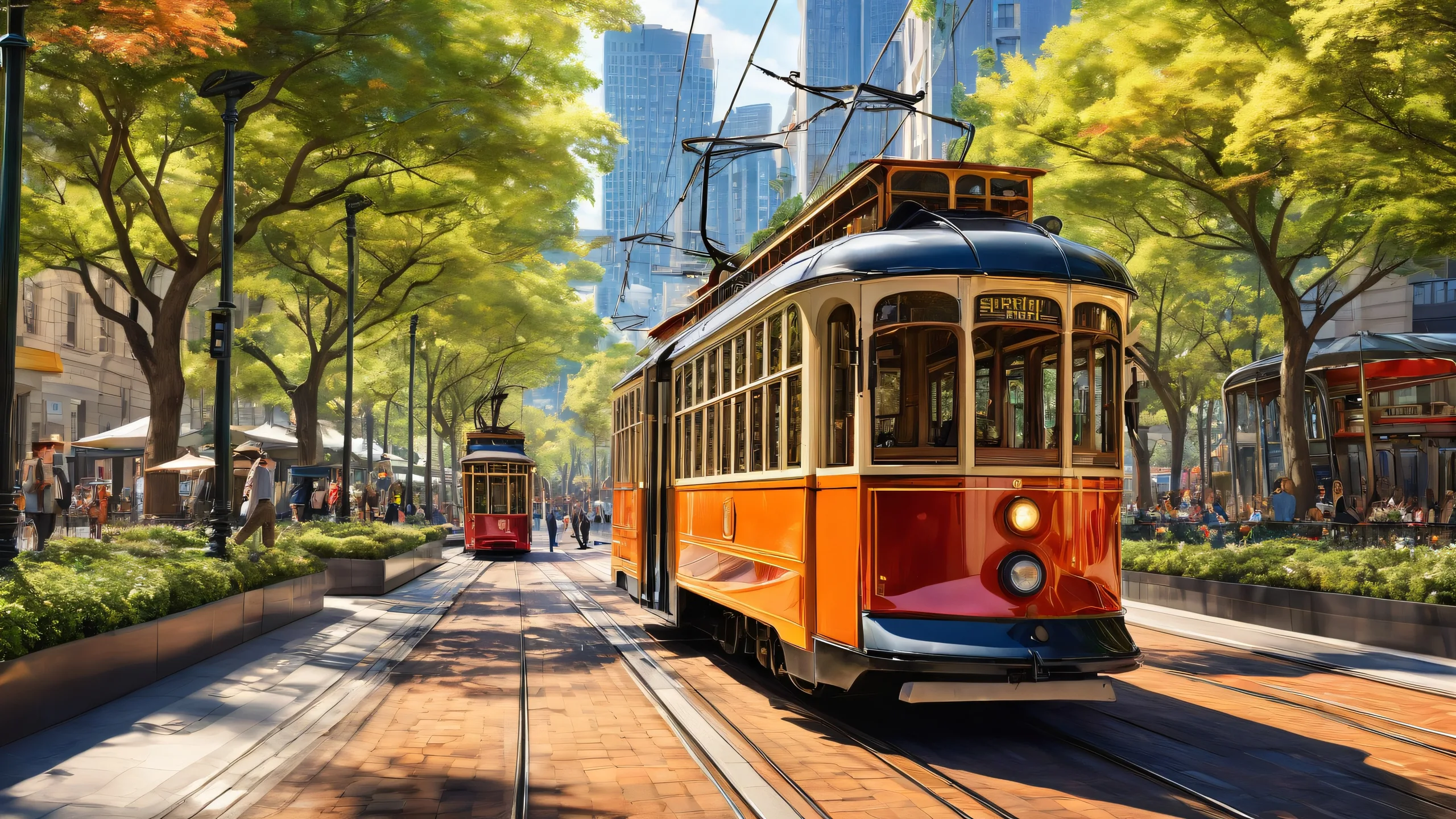 A serene public park with a trolley grinding in the distance, perfect for desktops and PCs.