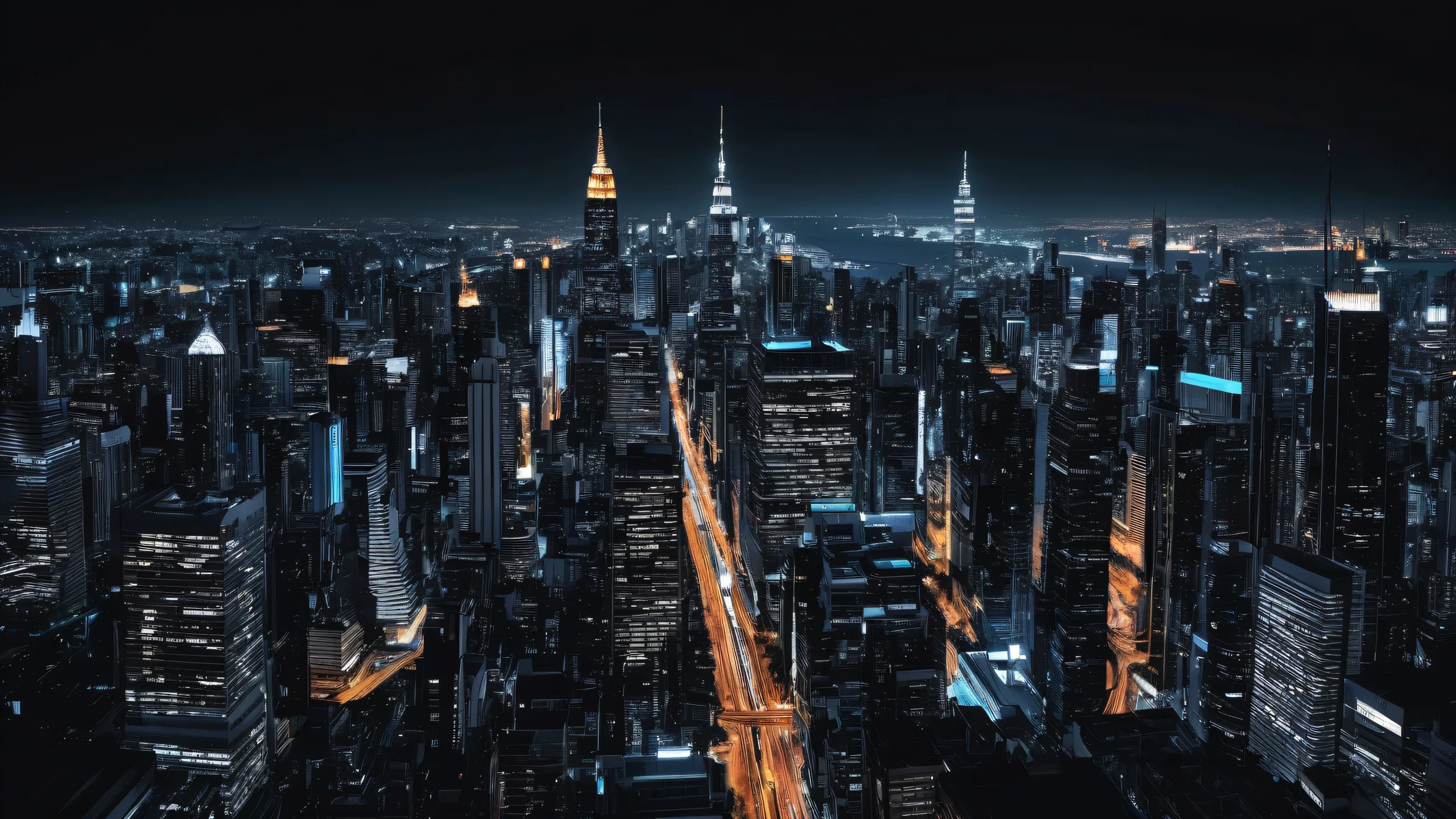 A stunning cityscape desktop background for your PC or Desktop with a deep void and sleek dark mode aesthetic.