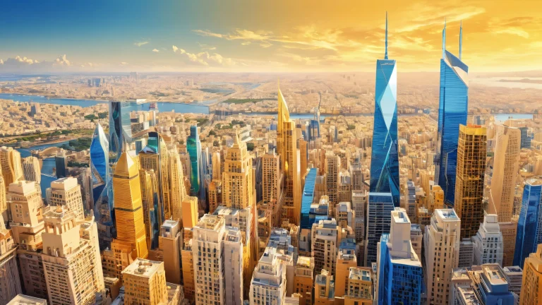 A serene cityscape for your Desktop/PC featuring a warm beige tone and ethereal lighting.