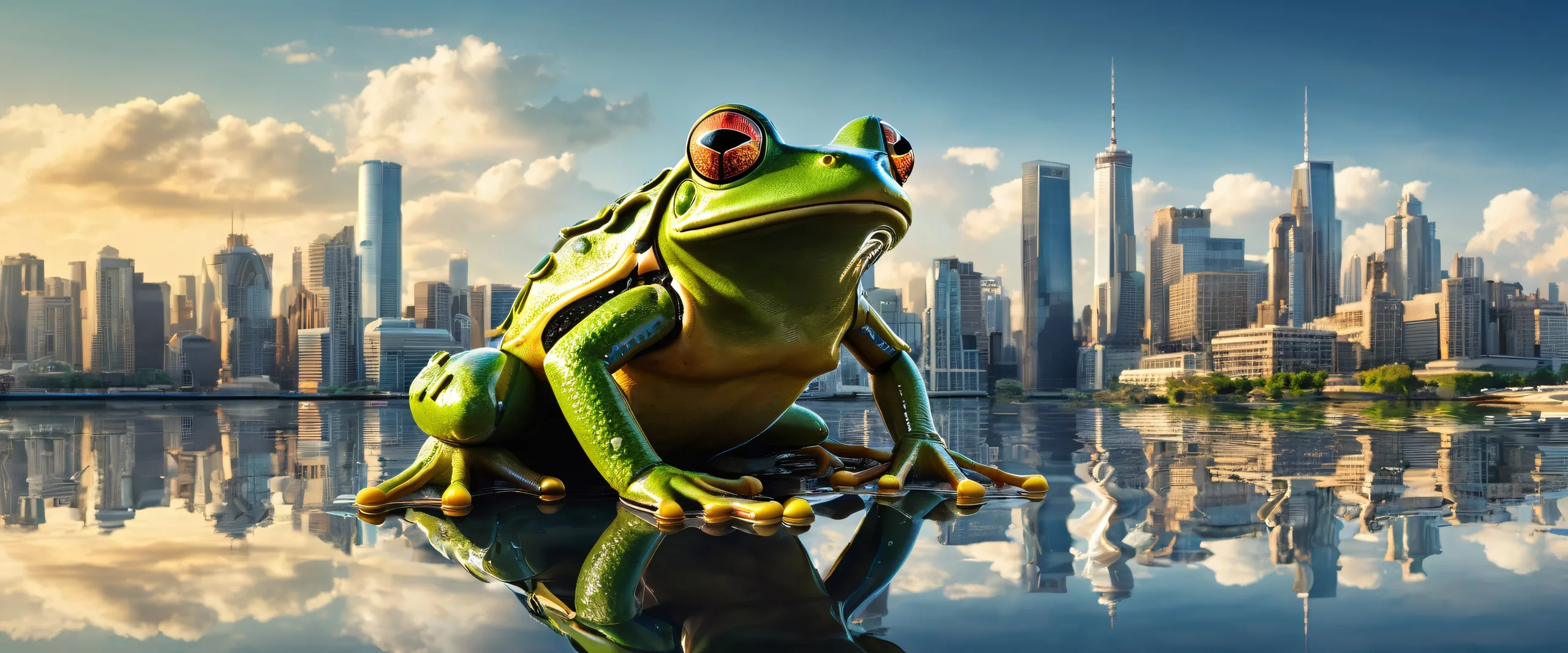 A serene urban desktop scene with a modern city skyline and water's edge for Desktop/PC