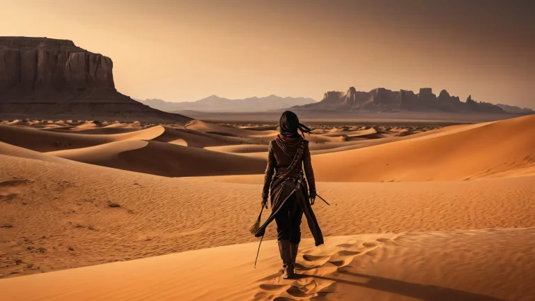 Female explorer stands at the edge of a vast, pure void in a dusty desert landscape. Desktop/PC wallpaper.