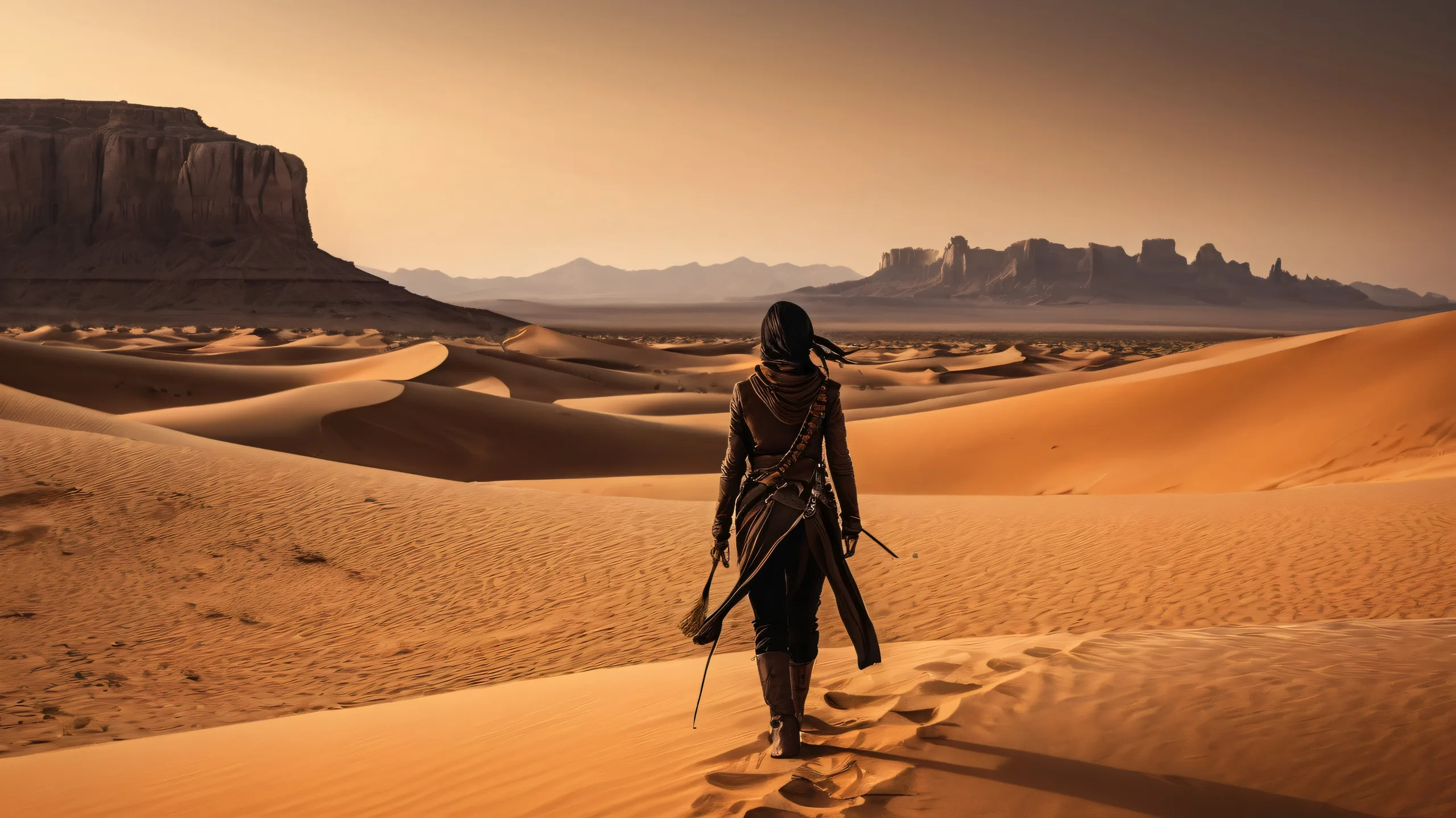 Epic Vast Desert Sunset Odyssey Desktop Wallpaper Female explorer stands at the edge of a vast, pure void in a dusty desert landscape. Desktop/PC wallpaper.