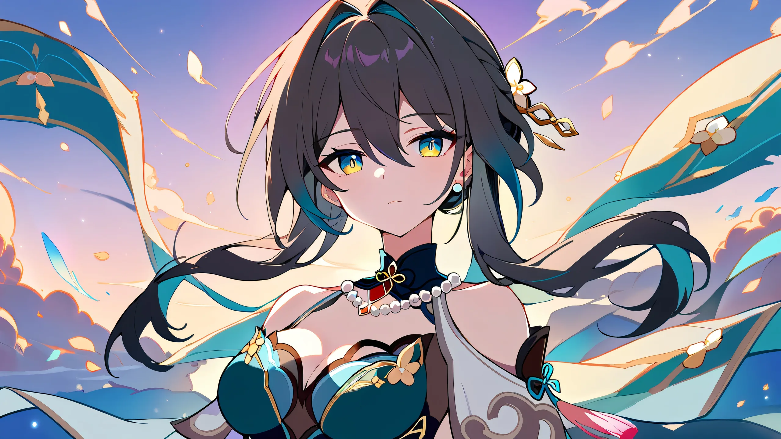 Beautiful anime-style desktop wallpaper featuring Ruan Mei from Honkai Star Rail looking directly at the viewer on a perfectly clean and vast pure void background, with extreme depth of field and bright airy ethereal lighting.