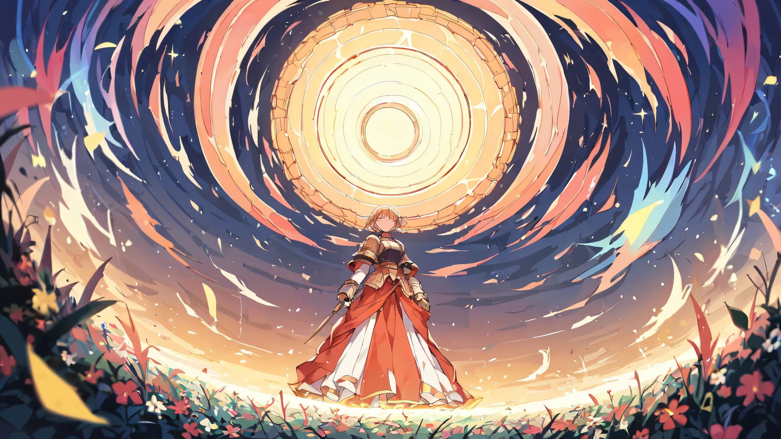 4K Vast Orange Sky Masterpiece Desktop Background A stunning anime illustration of a knight standing on the edge of a perfectly clean and vast pure void with extreme depth of field, set against a beautiful sky and colorful scenery.