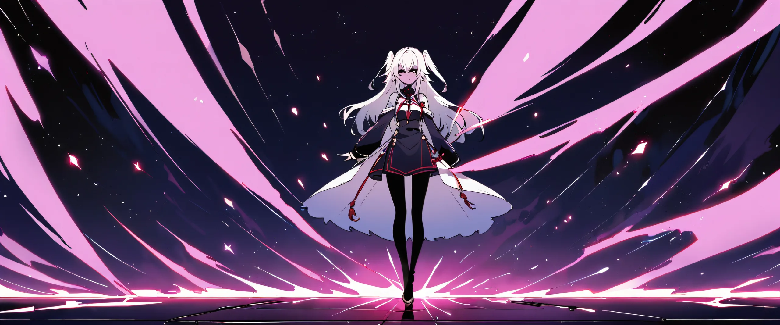 Woman gazing out into a vast, serene pink-hued void from a minimalist desktop setup.