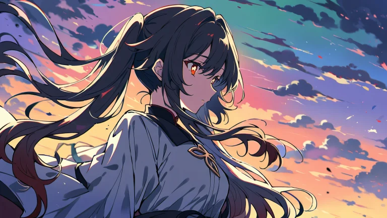 A stunning anime illustration of Hu Tao from Genshin Impact on a perfectly clean vast pure void Desktop/PC background with subtle wood grain texture and bright, éclairage éthéré.