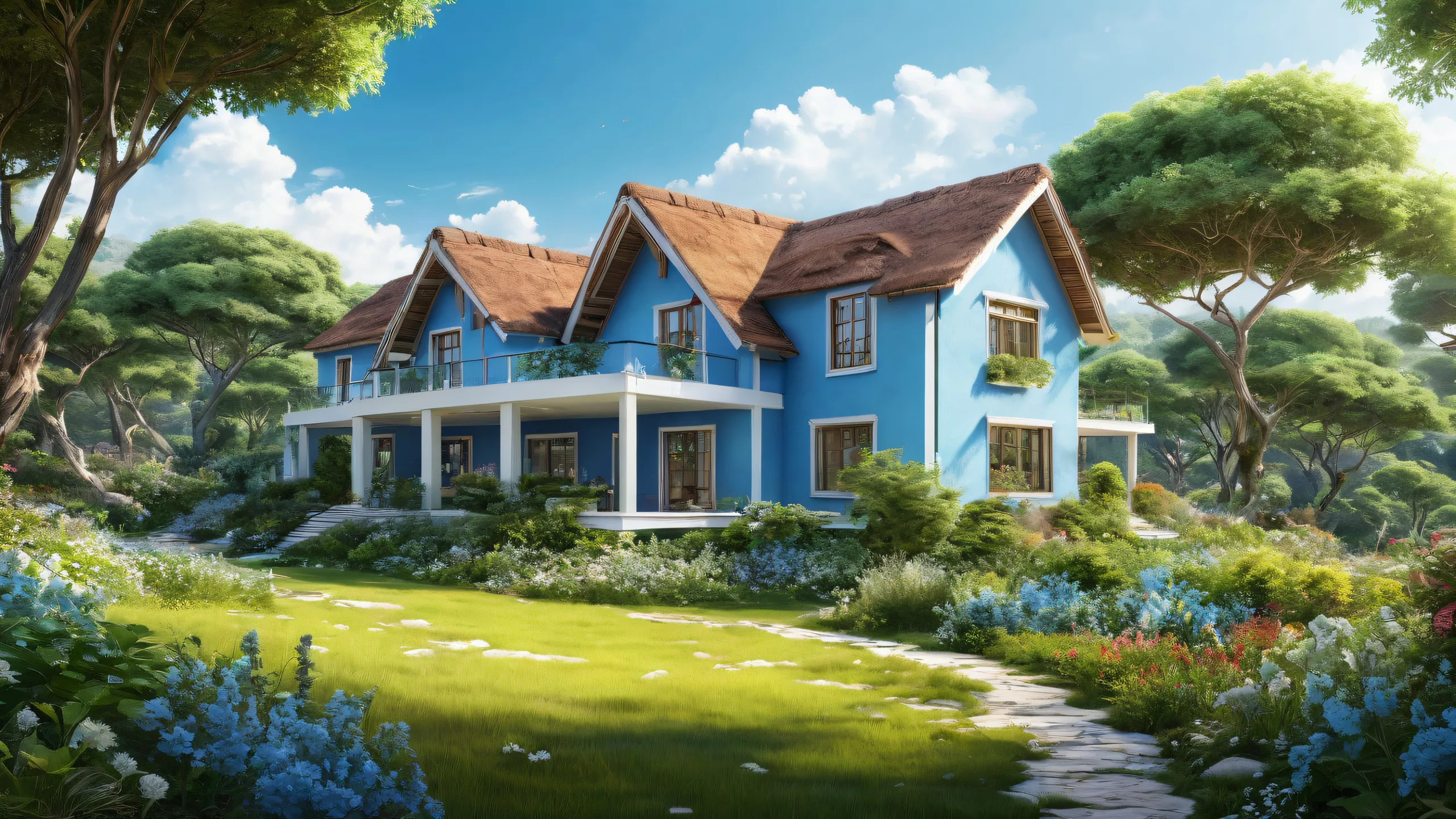 A serene desktop scene featuring a house amidst an overgrown landscape with a vast pure void in the background, suitable for Desktop/PC use.