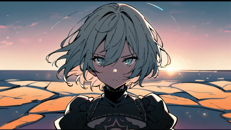 Girl looking at viewer on a perfectly clean vast pure void background with extreme depth of field and shallow barren salt flats.