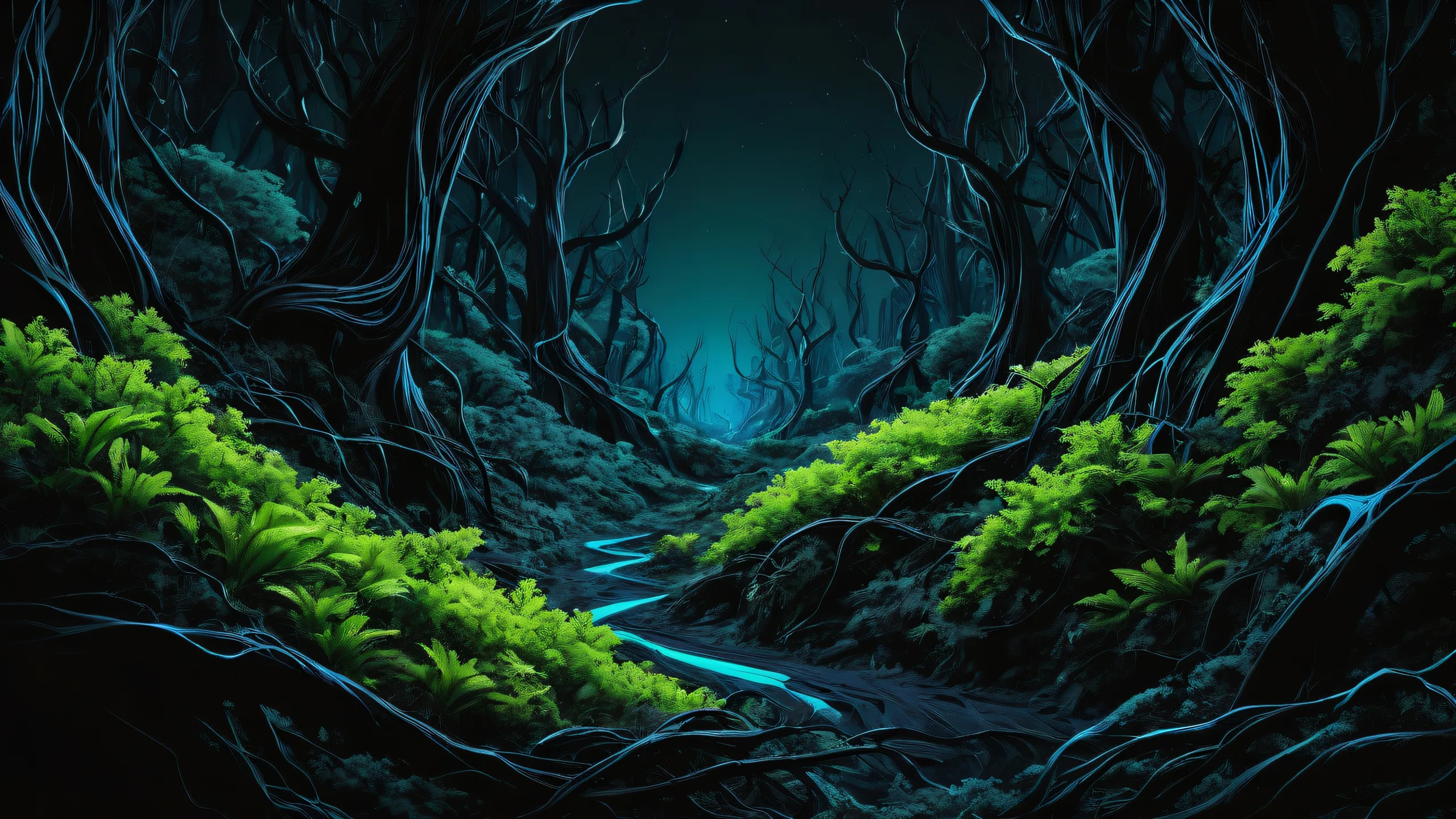 A surreal desktop wallpaper featuring an alien forest with dendrite vines and nerve grass on a dark mode background, perfect for PC or Desktop display.
