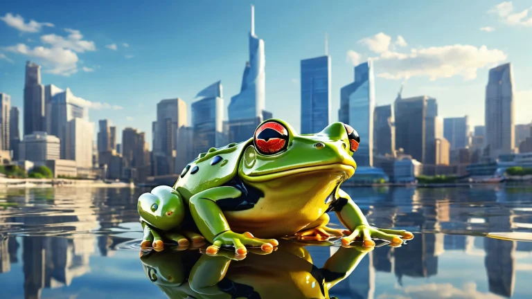 Mechanical Frog at water's edge on a desktop/PC with modern city skyline and ethereal lighting.