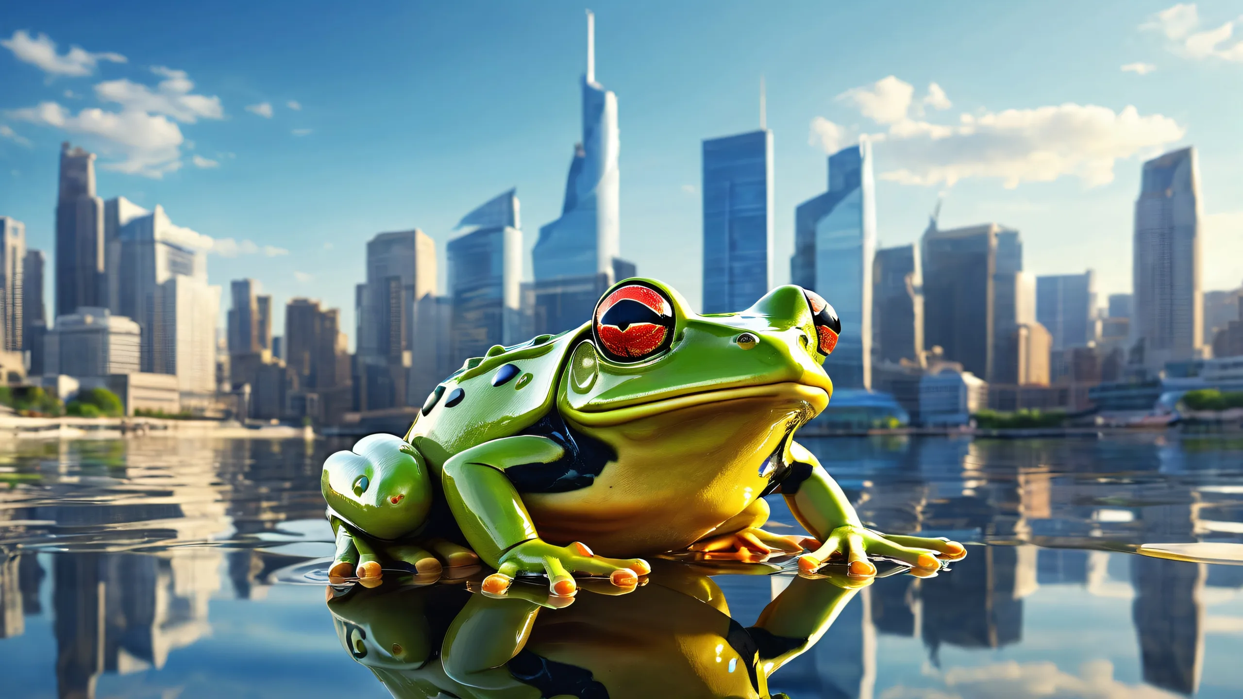 Mechanical Frog at water's edge on a desktop/PC with modern city skyline and ethereal lighting.