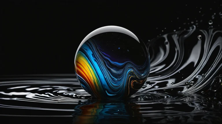 A stunning desktop wallpaper of a glass marble in perfect void with water ripples, suitable for PC or Desktop use.